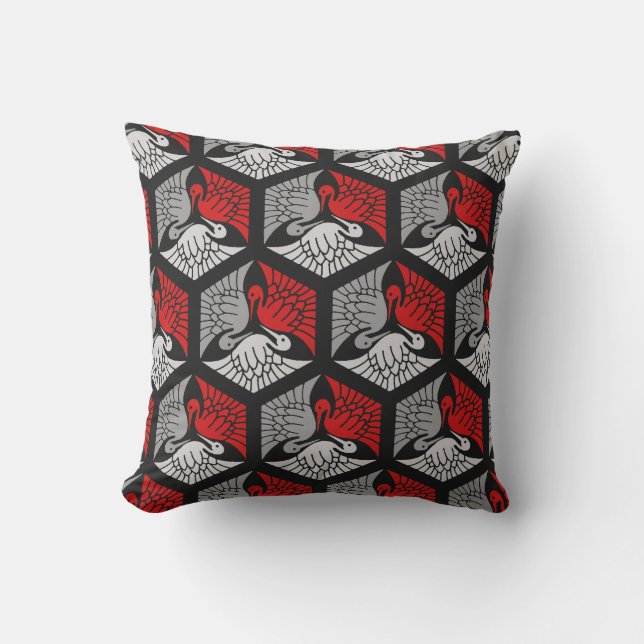 Japanese Cranes, Red, Gray / Grey and Black Throw Pillow (Front)
