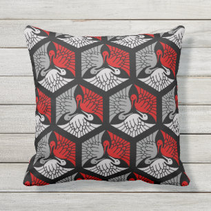 Japanese Cranes, Red, Gray / Grey and Black Throw Pillow