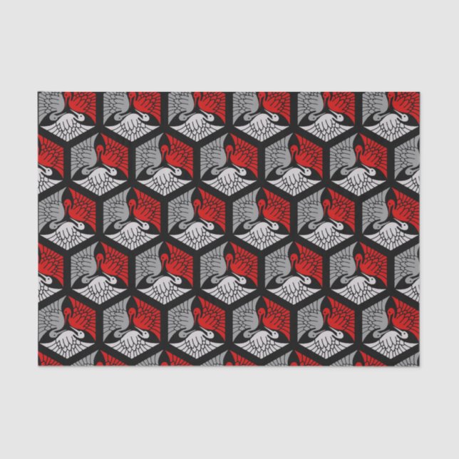Japanese Cranes, Red, Gray / Grey and Black Tissue Paper (Front)