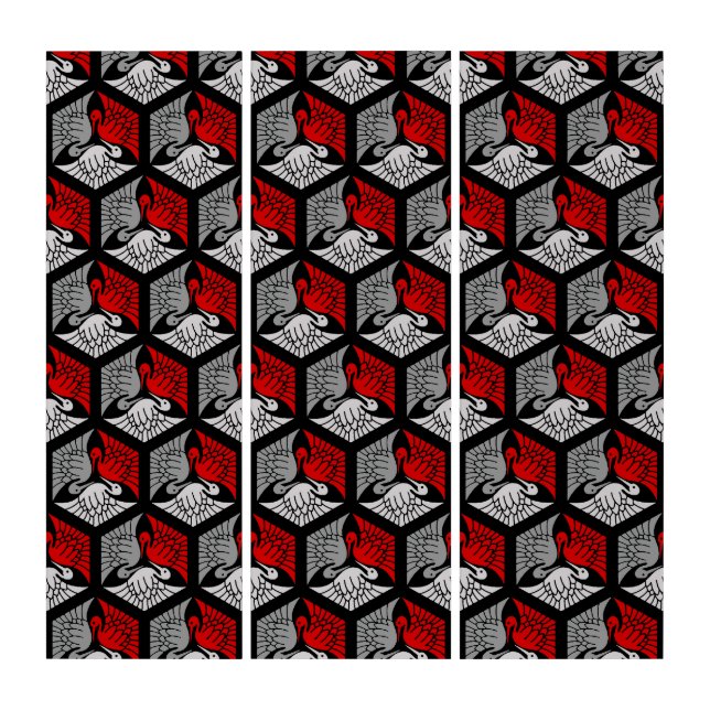 Japanese Cranes, Red, Gray / Grey and Black Triptych (Front)