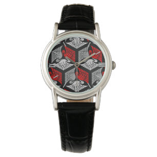 Japanese Cranes, Red, Gray / Grey and Black Watch