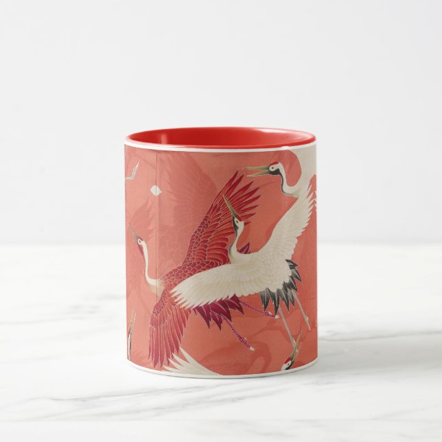 Japanese Cranes Red Kimono Two-Tone Mug (Center)