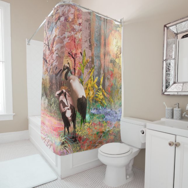 JAPANESE CRANES “Rising Sun” Shower Curtain (In Situ)