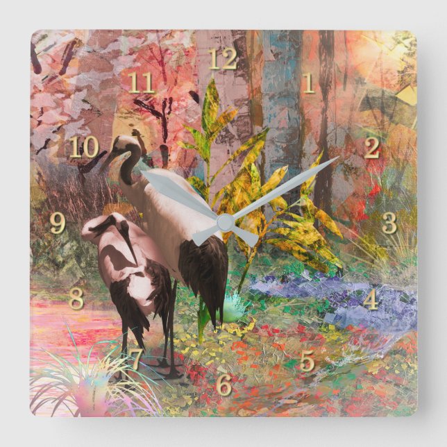 JAPANESE CRANES “Rising Sun” Square Wall Clock (Front)