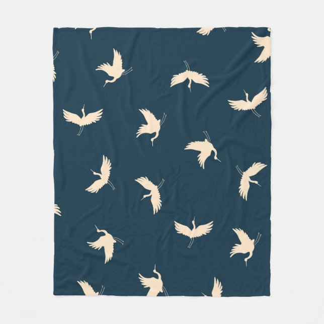 Japanese Cranes Silhouette Vintage Pattern Fleece Blanket (Front)