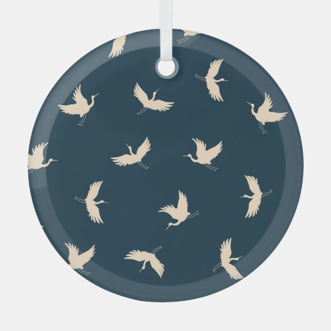 Japanese Cranes Silhouette Vintage Pattern Glass Ornament (Front)