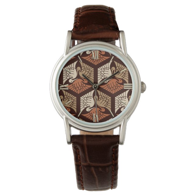 Japanese Cranes, Tan, Rust & Chocolate Brown Watch (Front)