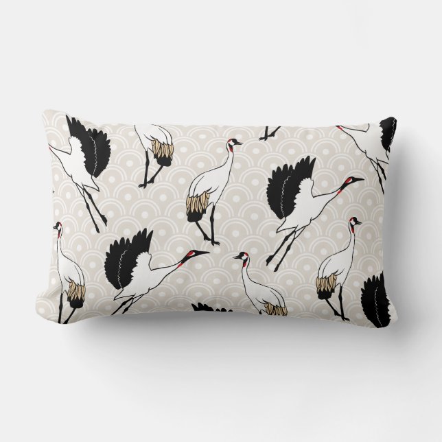 Japanese Cranes & Taupe Scallops Lumbar Pillow (Front)
