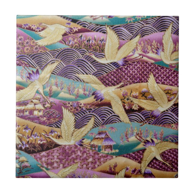 Japanese Cranes Traditional Design Purple Ceramic Tile (Front)