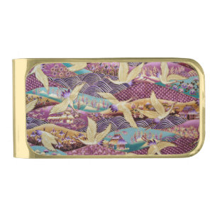 Japanese Cranes Traditional Design Purple Gold Finish Money Clip