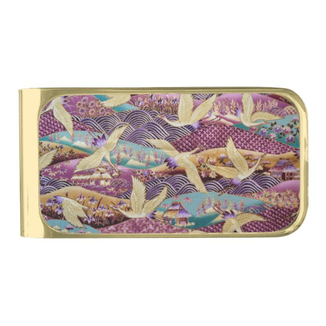 Japanese Cranes Traditional Design Purple Gold Finish Money Clip (Front)