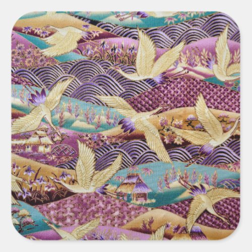 Japanese Cranes Traditional Design Purple Square Sticker