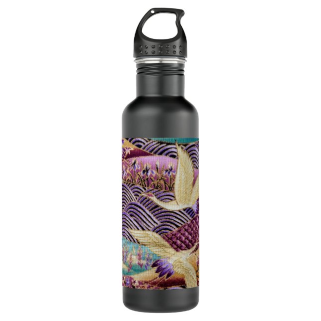 Japanese Cranes Traditional Design Purple Stainless Steel Water Bottle (Front)