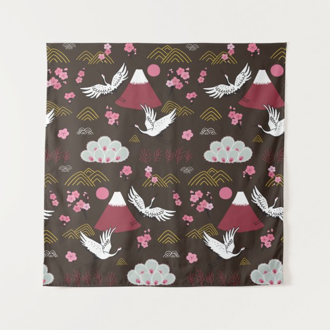 Japanese Cranes: Traditional Seamless Pattern Tapestry (Front)