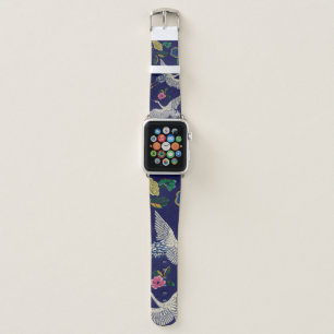 Japanese cranes, waves and flowers. Embroidery ill Apple Watch Band