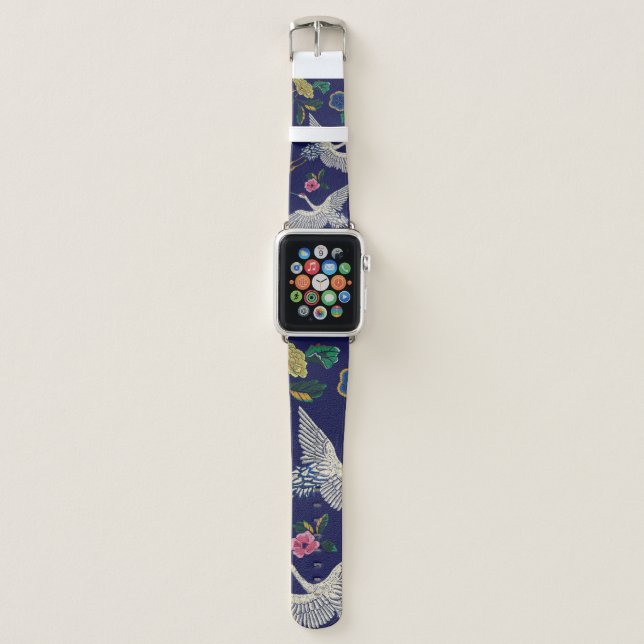 Japanese cranes, waves and flowers. Embroidery ill Apple Watch Band (Front)