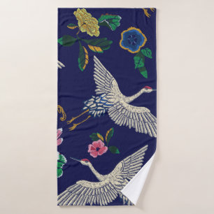 Japanese cranes, waves and flowers. Embroidery ill Bath Towel
