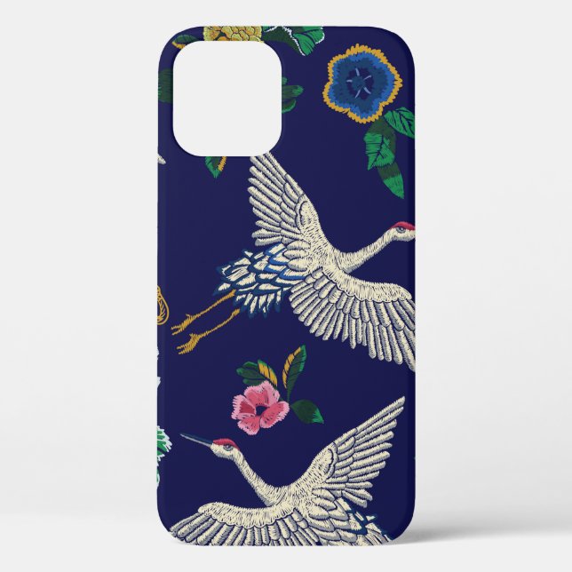 Japanese cranes, waves and flowers. Embroidery ill Case-Mate iPhone Case (Back)