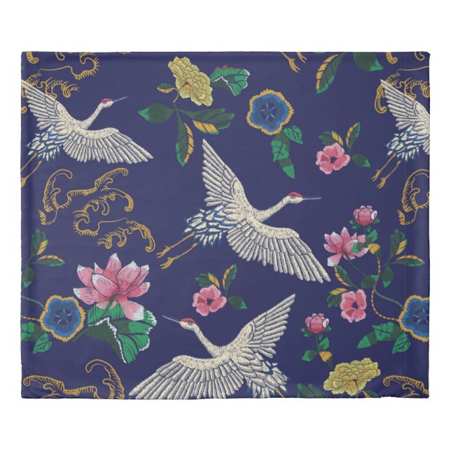 Japanese cranes, waves and flowers. Embroidery ill Duvet Cover (Front)