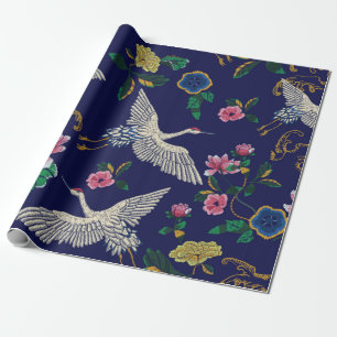 Japanese cranes, waves and flowers. Embroidery ill Wrapping Paper