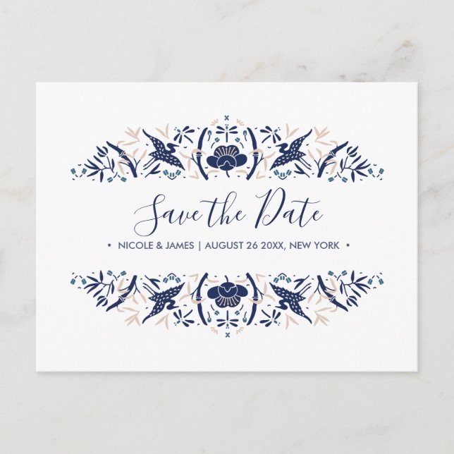Japanese | Crested ibis Blue Wedding Save the date Announcement Postcard (Front)