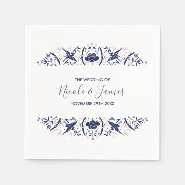 Japanese | Crested ibis Lotus Personalized Wedding Napkins (Front)