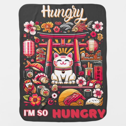 Japanese Cuisine and Lucky Cat Themed Baby Blanket