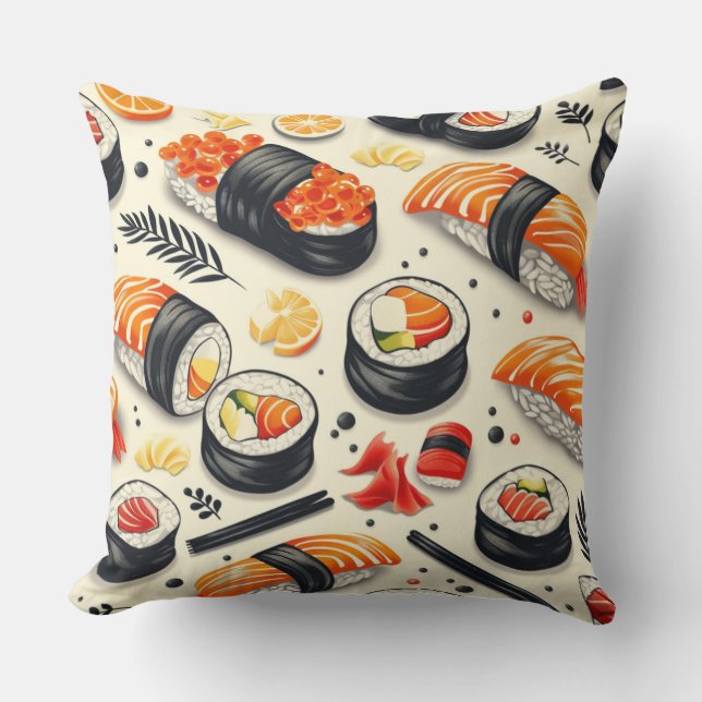 Japanese cuisine, rolls, sushi, sushi sticks, soy  throw pillow (Front)