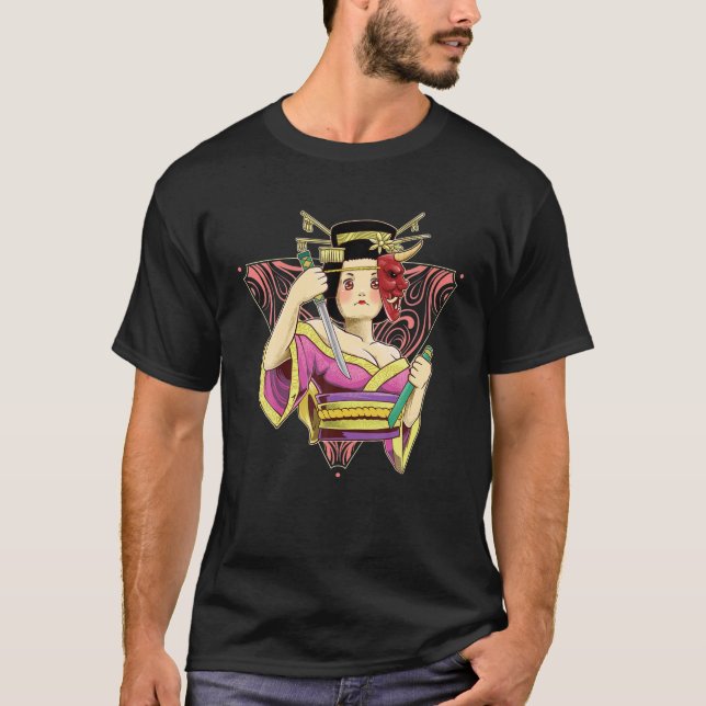 Japanese Culture Geisha Samurai Demon Mask Female T-Shirt (Front)