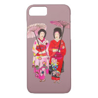 Japanese cute Geisha art with pink kimono