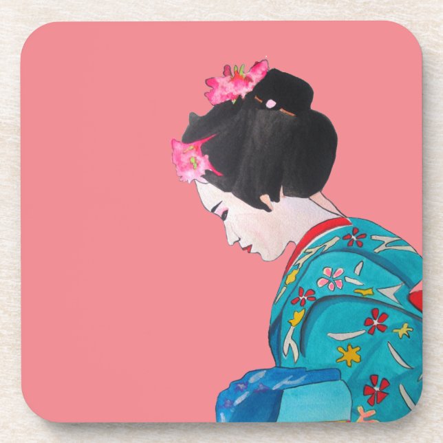 Japanese cute Geisha with cherry blossom Beverage Coaster (Front)