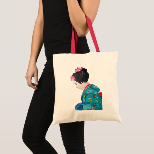 Japanese cute Geisha with cherry blossom Tote Bag