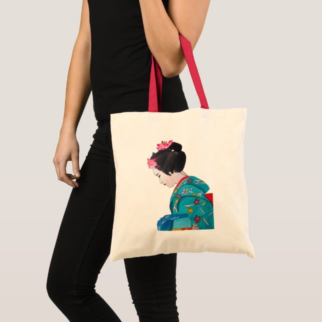 Japanese cute Geisha with cherry blossom Tote Bag (Front (Product))