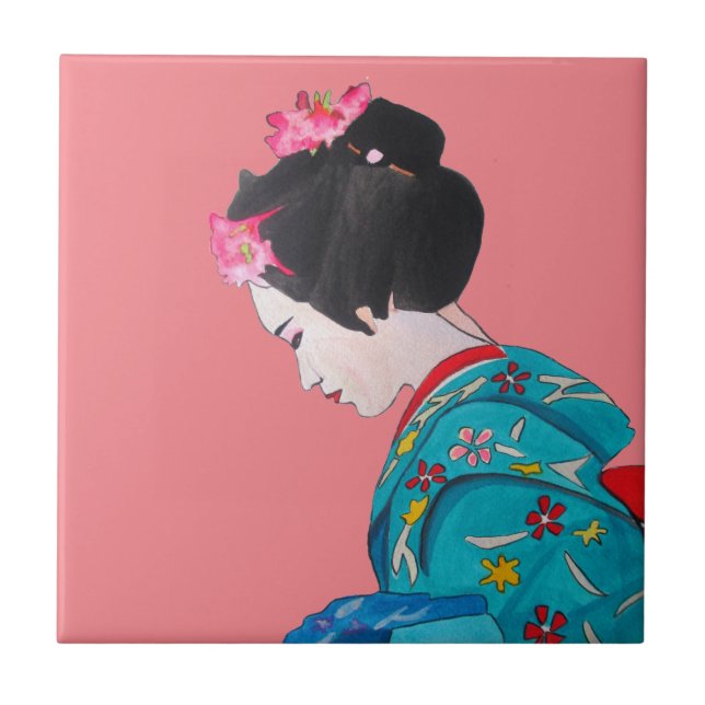 Japanese cute Geisha with pink cherry blossom Ceramic Tile (Front)