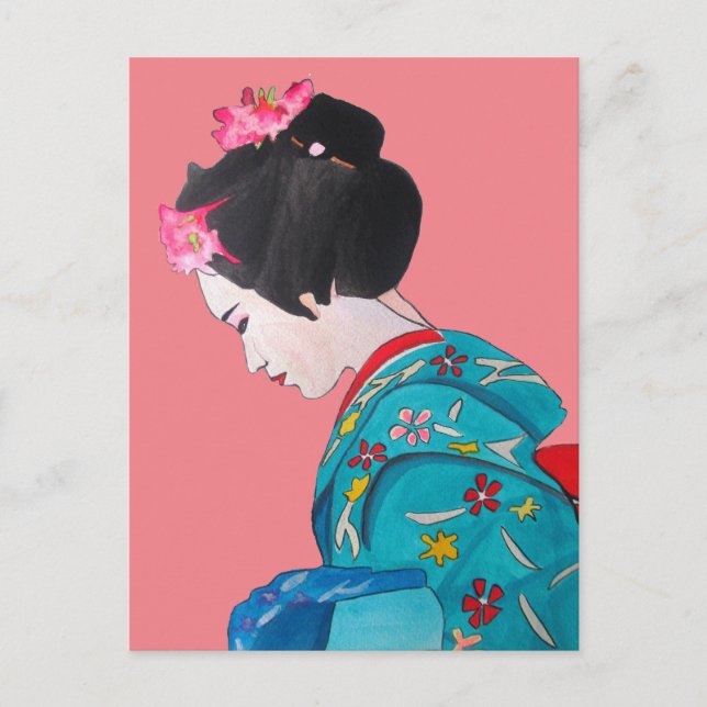Japanese  cute Geisha with pink cherry blossom Postcard (Front)