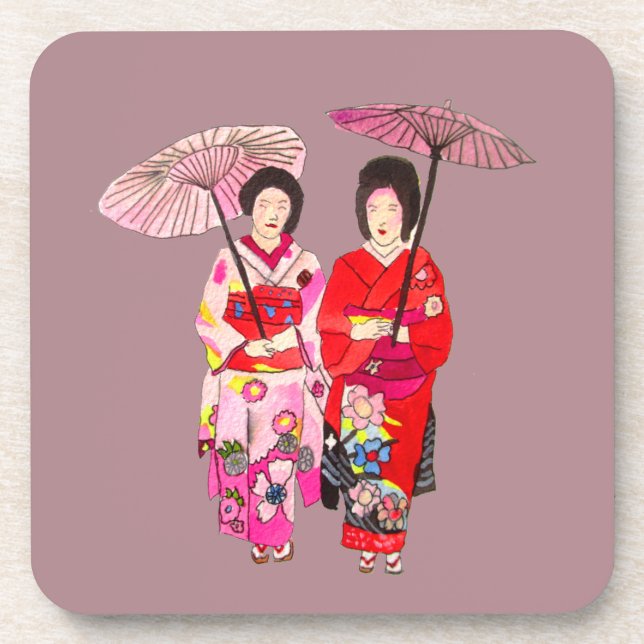 Japanese cute Geisha with pink kimono Beverage Coaster (Front)