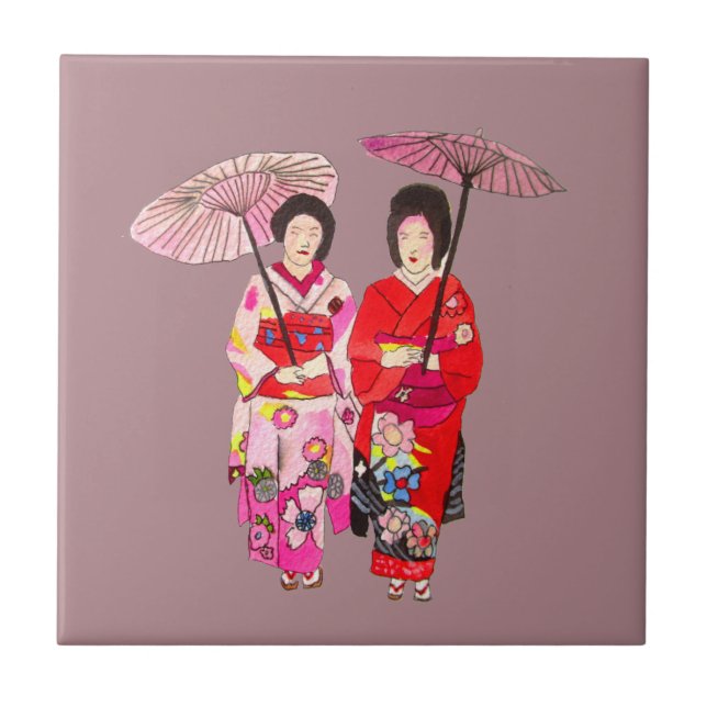 Japanese cute Geisha with pink kimono Ceramic Tile (Front)