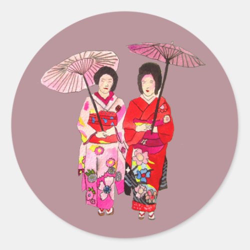 Japanese cute Geisha with pink kimono Classic Round Sticker