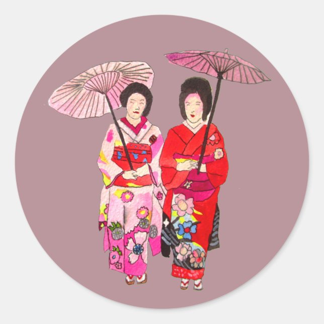 Japanese cute Geisha with pink kimono Classic Round Sticker (Front)