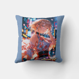 Japanese Cyberpunk Anime Girl Poster | Neon City Throw Pillow