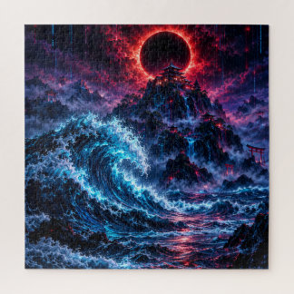 Japanese Cyberpunk Mountain Wave Eclipse Poster Jigsaw Puzzle