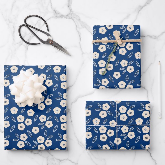Japanese Dark Blue & Champagne Floral Pattern Wrapping Paper Sheets (Front)