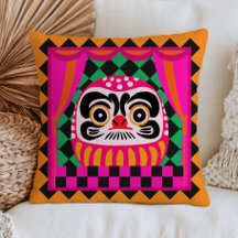 Japanese Daruma Doll on Checkered Pattern Retro
