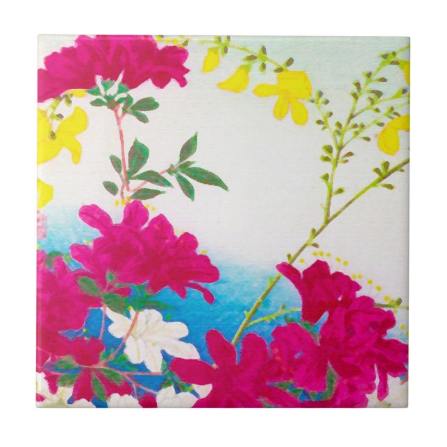 Japanese day lilies - magenta, yellow blue ceramic tile (Front)