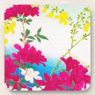 Japanese day lilies - magenta, yellow blue drink coaster