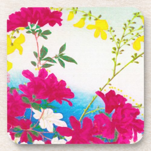 Japanese day lilies _ magenta yellow blue drink coaster