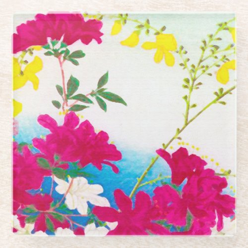 Japanese day lilies _ magenta yellow blue glass coaster