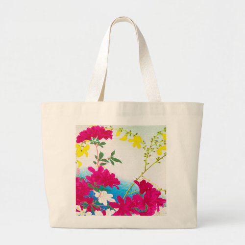 Japanese day lilies _ magenta yellow blue large tote bag