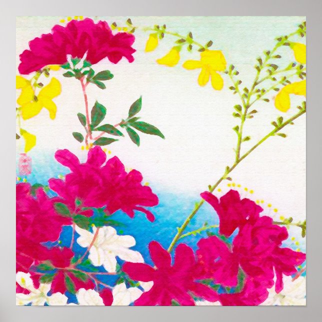Japanese day lilies - magenta, yellow blue poster (Front)