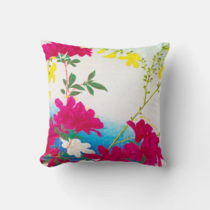 Japanese day lilies - magenta, yellow blue throw pillow